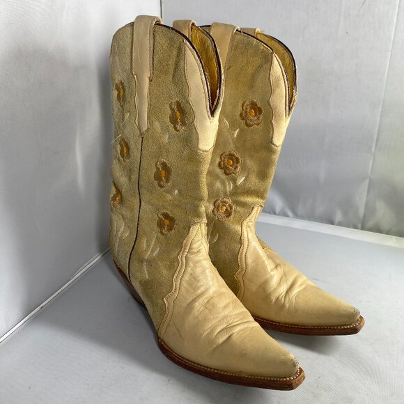 Rudel Ws 5 Yellow Leather Cowboy Rodeo Flower Boots Vintage Embroidered - Picture 2 of 7